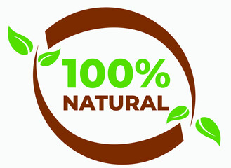 100% natural green vector badge, 100% organic, GMO free - tag for healthy food, vegetarian nutrition in modern leaf shape - vector sticker 