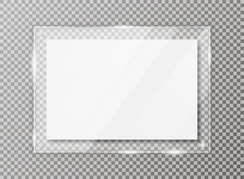 Glass plate on transparent background. Acrylic and glass texture with glares, light and reflection. Realistic transparent glass window in rectangle frame. Vector