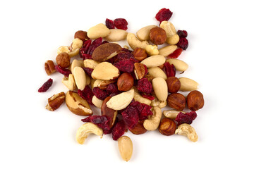 Mix of nuts and dried berries, isolated on white background.
