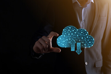 Cloud technology. Polygonal wireframe cloud storage sign with two arrows up and down on dark blue....