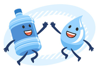 Give me high-five! Cartoon Water Bottle Character and Cartoon Water Drop Character giving high-five. Bottled water delivery.