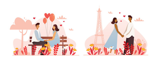 A set of romantic characters in different poses. Couples in love. Vector illustration.