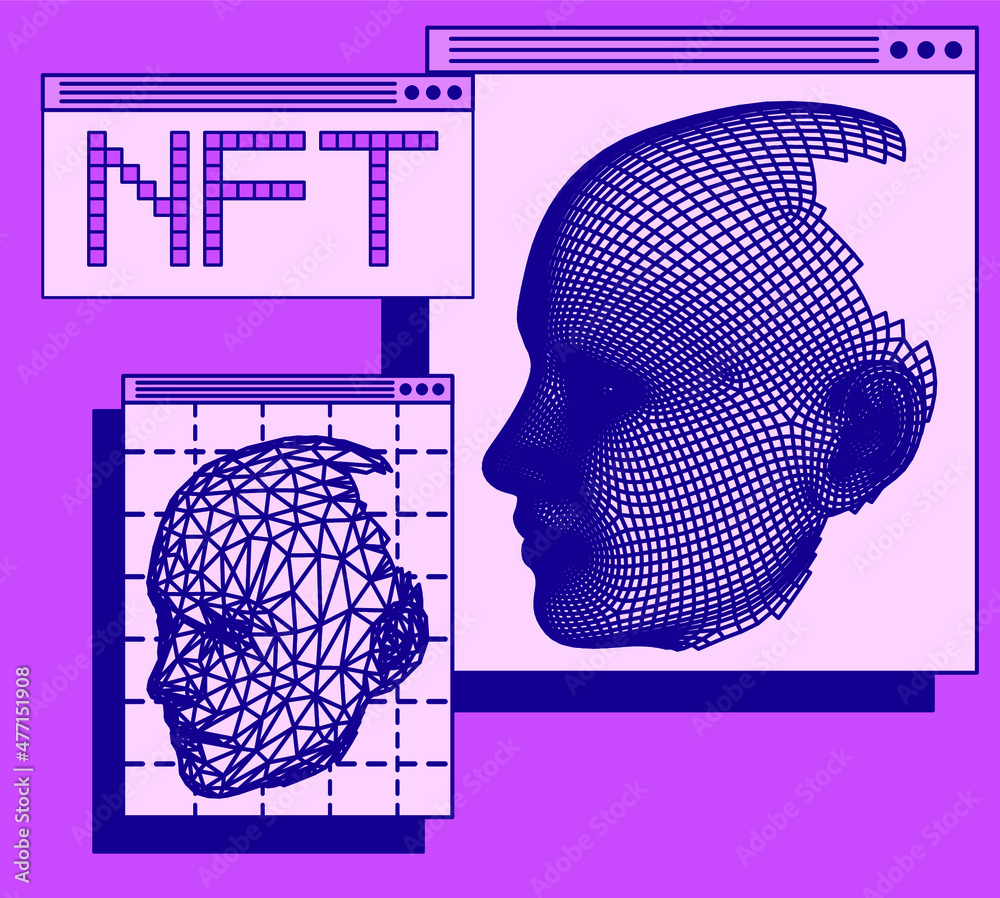 Poster collage illustration of user interface elements, 3d model of low poly human face. nft image concept.