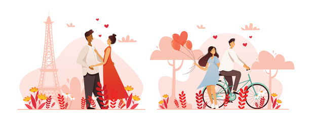 A set of romantic characters in different poses. Couples in love. Vector illustration.
