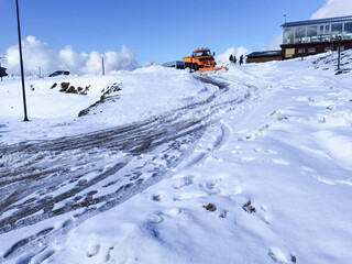 snow in anilio ski center in winter season , ioannina perfecture , greece