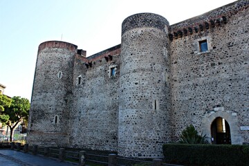 Italy, Sicily: Foreshortening of Ursino Castle in Catania.