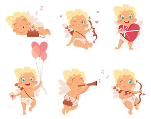 Cute Cupid character set in different poses. Amur babies. Vector characters.