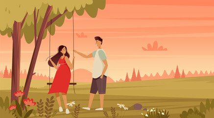 A couple in love is riding a swing. Valentines day banner. Romantic landscape background.