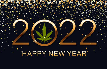 Fototapeta na wymiar Happy New Year 2022. New Year Shining background with marijuana leaf. Vector illustration.
