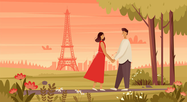 A loving couple walks in the park against the background of the eiffel tower. Valentines day banner. Romantic landscape background. - Powered by Adobe