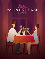 Couple romantic dinner in restaurant, man and woman in love sitting at served table drinking wine. Vector illustration.