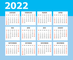 American calendar 2022 in english starts on Sunday