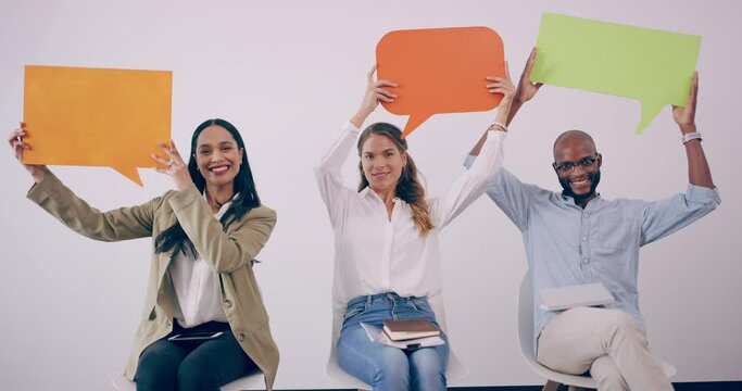 Group business people unemployed candidates sitting on chairs in queue of waiting room holding speech bubbles waiting in a line for job interview, human resources and recruit concept