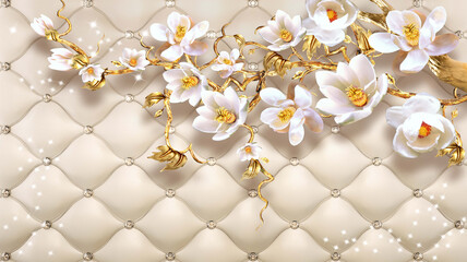 3d wallpaper white and golden jewelry flowers on leather background