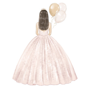 Girl in ball gown celebrates her 15 birthday. Hand drawn illustration