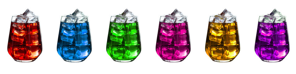 summer party concept with set alcoholic cocktails of different colors with ice closeup isolated on white background