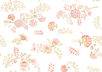 A lot of different fantasy flowers. Millefleurs trendy floral design. Blooming midsummer meadow seamless pattern. Seamless pattern, background. Vector illustration. Gradients colors