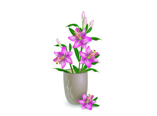 Naklejka na ściany i meble Pink Asian lily flowers bouquet in a brown ceramic vase, isolated on a white background. Vector sketch for interior design, greeting card, advertising of flower shops, other. 