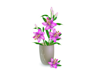 Pink Asian lily flowers bouquet in a brown ceramic vase, isolated on a white background. Vector sketch for interior design, greeting card, advertising of flower shops, other. 