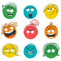 set of colorful characters with different hairs. Round comic Faces with various Emotions.  Cartoon style. Flat design. Hand drawn trendy Vector illustration.