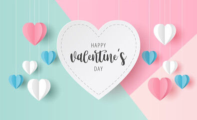 Obraz na płótnie Canvas Paper cut of Happy Valentine's Day text on white heart with origami paper heart shape on pastel color background for greeting card, banner, poster