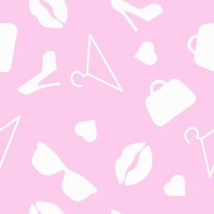 Fashion Pink Seamless Pattern. Vector seamless pattern or background with fashion elements, bags, kisses, hearts, shoes