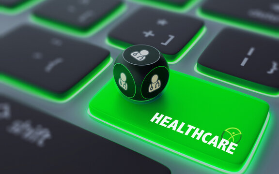 Stethoscope Symbol On A Dice Over Laptop Computer Keyboard with Healthcare Text on Enter Button