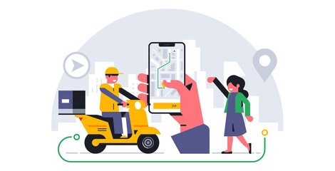 Online food delivery service to your home. The courier delivers food to the order address. City, route, phone, app, hand, map, street, gps, address, woman. Vector illustration