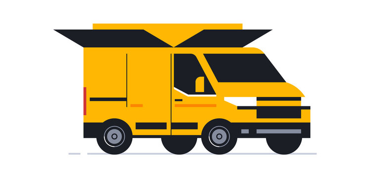 A van for an online home delivery service. Transport for delivery of orders. Van front view, body in the form of an open box. Vector illustration