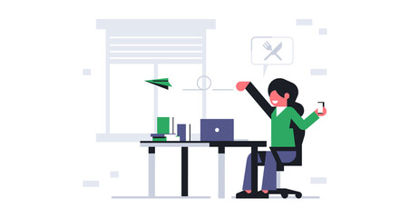 Woman office worker makes online food ordering through a mobile application. Online ordering food to the office. Lunch break at work, time to eat. Workplace interior, work table. Vector illustration
