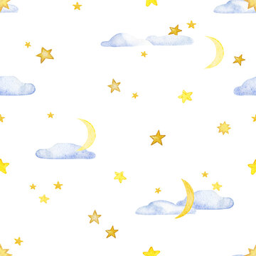 Watercolor seamless pattern with golden stars and clouds. Delicate background with hand-drawn stars and the moon. Background for wrapping paper, fabric, scrapbooking.
