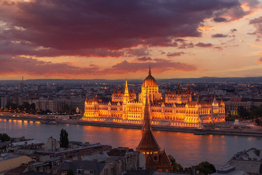 Hungary, Budapest, Cityscape with Hungarian Parliament at sunset