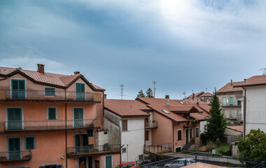 Apartments under a winter sky on a back street in Bomerano/Pianillo, Agerola, Amalfi coast, Italy