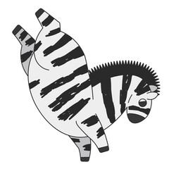 Cute cartoon zebra standing on its front legs. A funny striped zebra dancing breakdance and doing tricks in the circus. Vector clip art illustration in 2D. Hand-drawn simple style.
