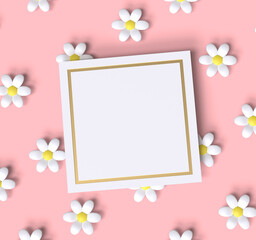 Pink floral pattern with blank card on the top. 3D illustration.