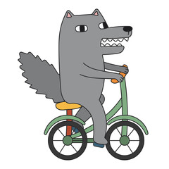 Cute cartoon wolf riding a bicycle. A funny grey wolf smiling and showing its sharp teeth. Vector clip art illustration in 2D. Hand-drawn simple style.