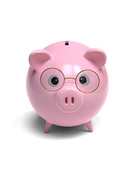 Cute piggy bank with glasses on white background. Clipping path. 3D illustration.