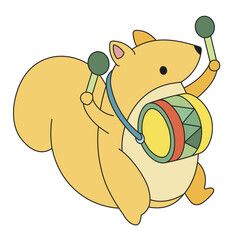 Cute cartoon squirrel going, playing the drums. Funny yellow squirrel beating on a large drum with drumsticks. The drum hangs on the chest. Hand-drawn simple style. Vector clip art illustration in 2D.