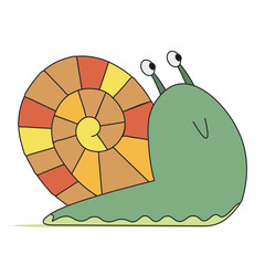 Cute cartoon snail crawling hastily. A funny green snail with a colorful shell smiling and looking aside. View from above. Vector clip art illustration in 2D. Hand-drawn simple style.