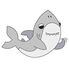 Cute cartoon shark swimming and waving by a fin. A funny grey shark looking at the camera and saying hello. Vector clip art illustration in 2D. Hand-drawn simple style.