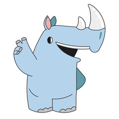 Cute cartoon rhinoceros standing and showing a victory sign. A funny blue rhino smiling and giving the peace sign. Vector clip art illustration in 2D. Hand-drawn simple style.