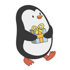 Cute cartoon penguin going aside and carrying present. A funny penguin wants to give a gift to someone. Vector clip art illustration in 2D. Hand-drawn simple style.