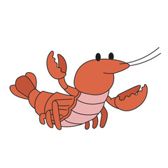 Cute cartoon lobster standing and waving by a claw. A funny red lobster looking at the camera and saying hello. Vector clip art illustration in 2D. Hand-drawn simple style