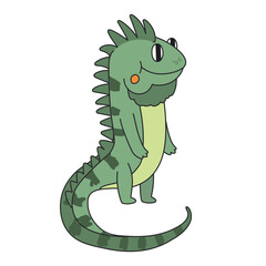 Cute cartoon iguana standing and looking aside. A funny green iguana smiling and listening to something with attention. Vector clip art illustration in 2D. Hand-drawn simple style.