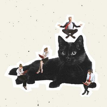 Business man and women sitting on big black cat on light background with dust effect. Contemporary art collage, modern design.
