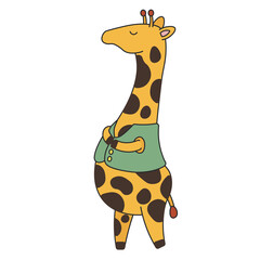 Cute cartoon giraffe standing and buttoning up the vest. A funny orange giraffe with closed eyes looking proud and serious. Vector clip art illustration in 2D. Hand-drawn simple style.