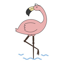 Cute cartoon flamingo standing in the water on one leg. A funny pink flamingo sleeping and relaxing. Vector clip art illustration in 2D. Hand-drawn simple style.
