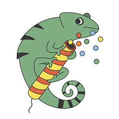 Cute cartoon chameleon sitting on colorful Christmas cracker and looking at camera. A funny green chameleon smiling and looking curiously. Vector clip art illustration in 2D. Hand-drawn simple style.