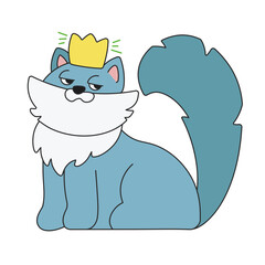 Cute cartoon cat sitting with a crown on the head. A funny blue cat grinning and looking superciliously. Vector clip art illustration in 2D. Hand-drawn simple style.