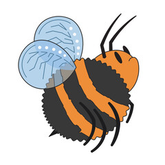 Cute cartoon bumblebee flying and looking at camera offended. A funny striped bumblebee flying away. Vector clip art illustration in 2D. Hand-drawn simple style.